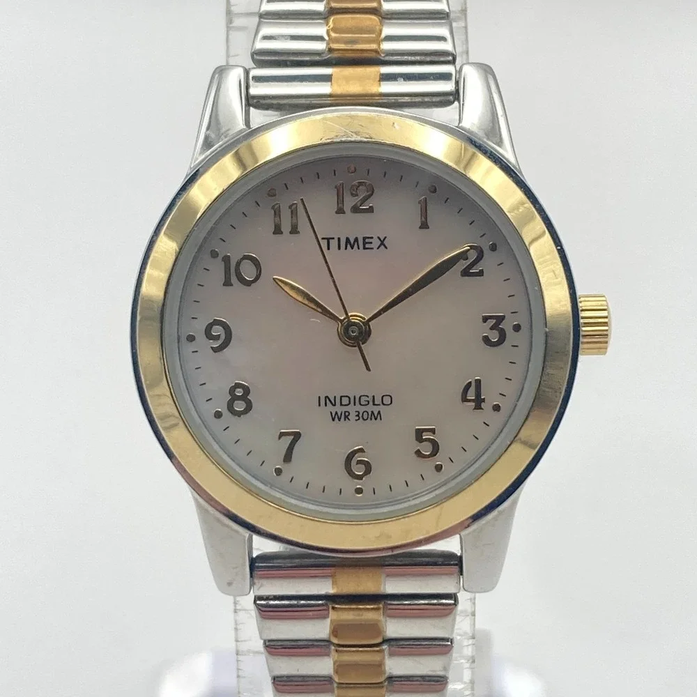 Timex Women's Watch 25mm Silver Gold Two Tone MOP Indiglo Stretch New Battery